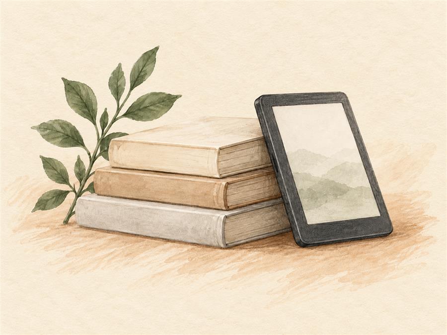 紙本書與電子閱讀器並置，旁有綠色枝葉