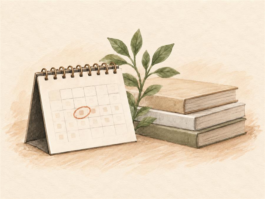 標記了日期的桌曆與書籍，象徵協調出版時程