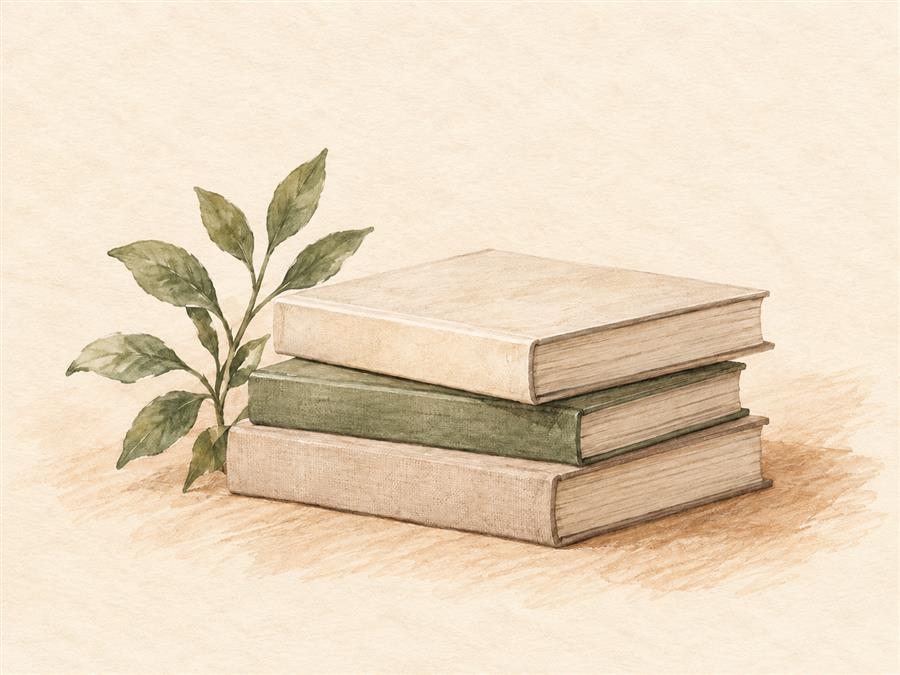 三本不同色調的書疊放，象徵出版量變化
