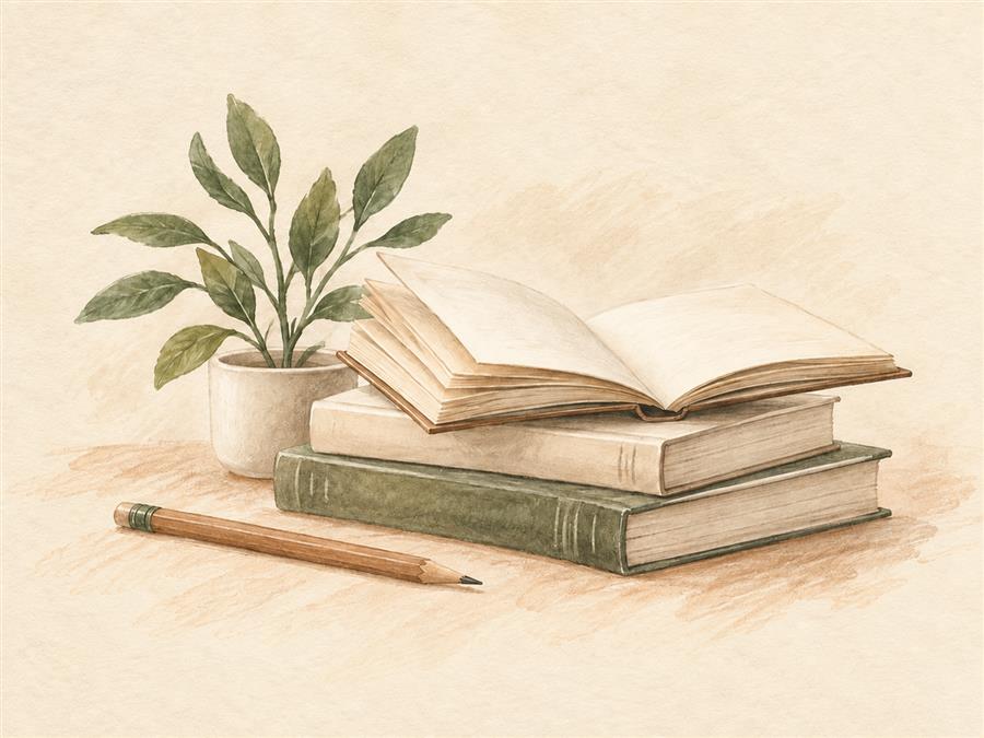打開的書與鉛筆放在書堆上，旁有盆栽